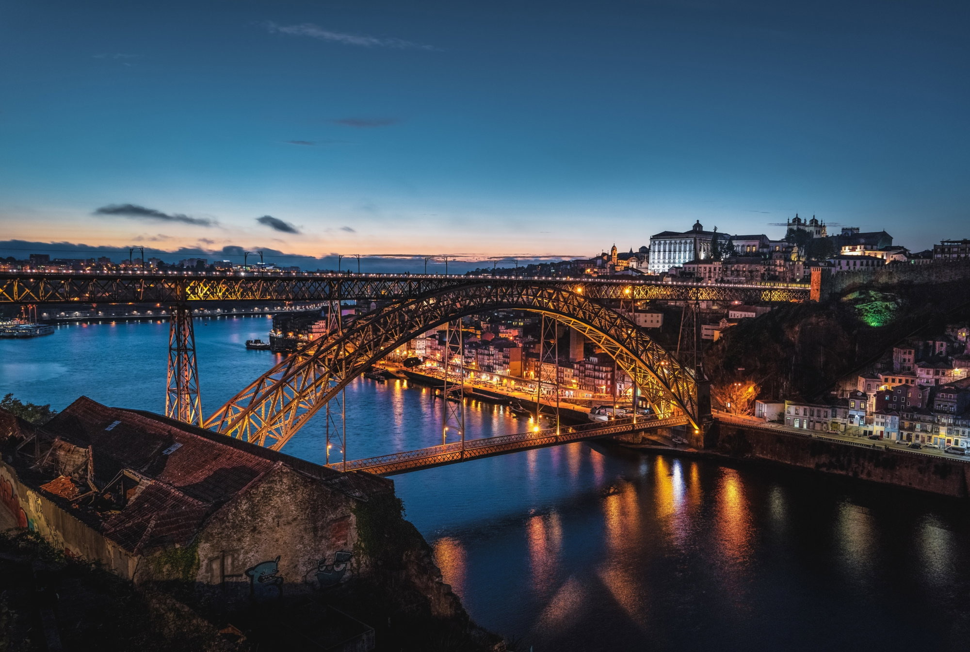 Dom Luís I Bridge and Porto illuminated after sunset